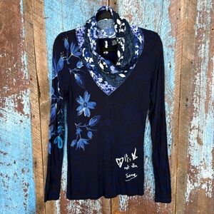 Desigual Navy Floral Cowl Neck Long Sleeve Top Size S
